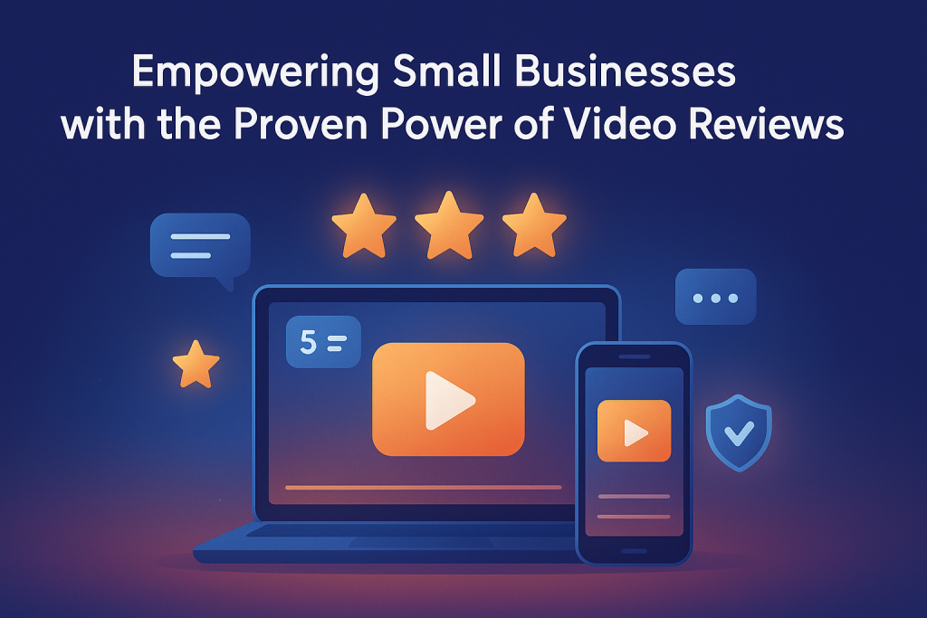Minimalist digital illustration of devices showing video icons, stars, and trust symbols representing small businesses success with video reviews.