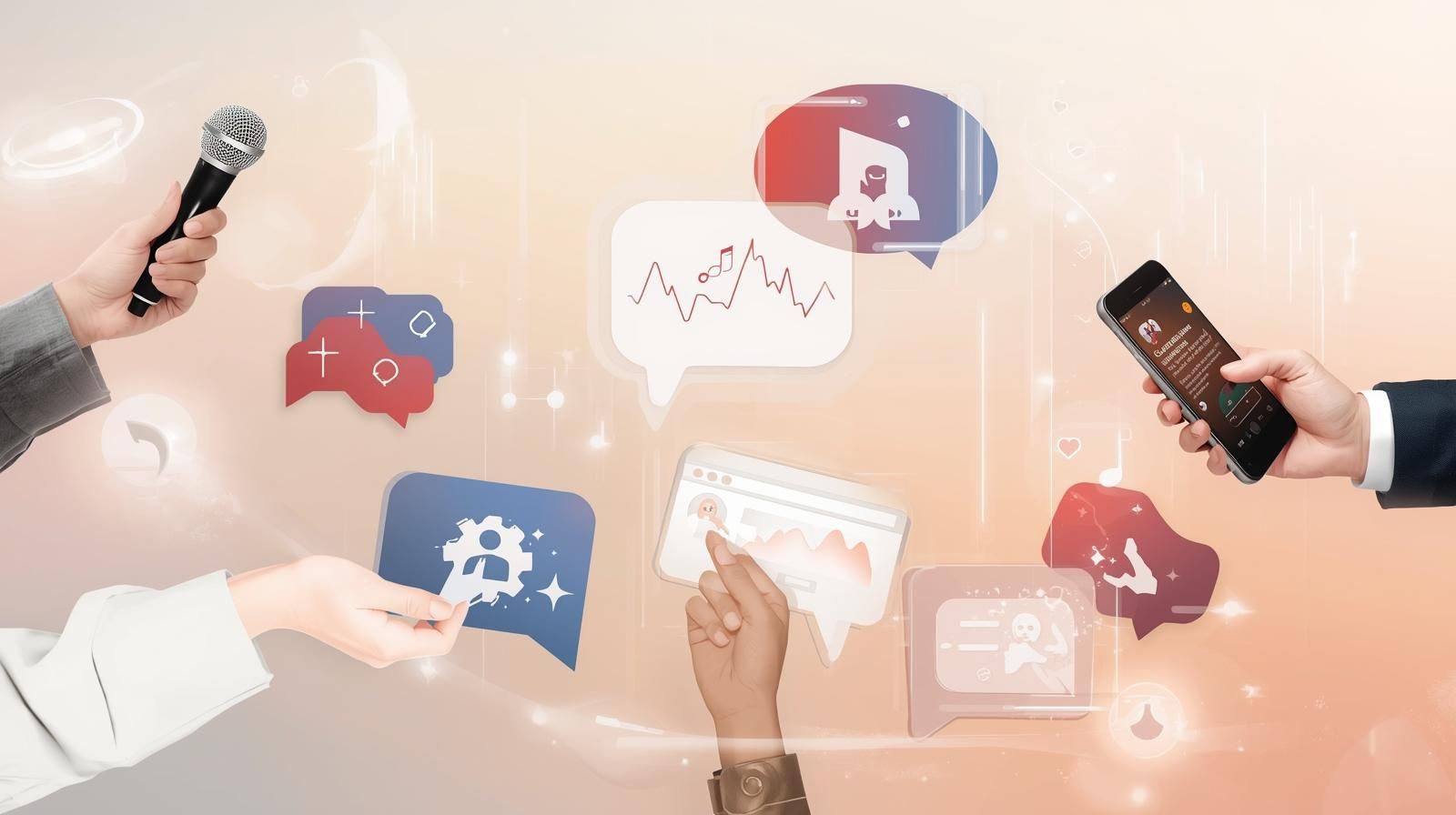 Abstract illustration representing authentic storytelling and a brand's reputation through digital soundwaves and communication icons.