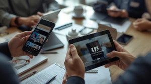 Realistic depiction of hands holding devices showing testimonials, illustrating a brand's reputation through authentic customer stories.