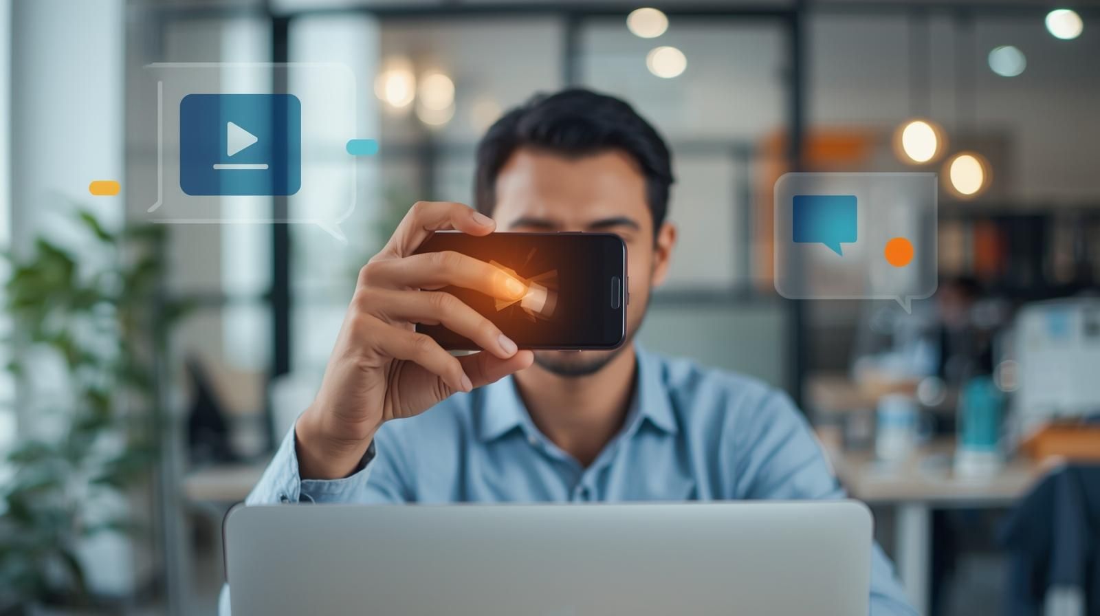 A business owner recording a video testimonial on their smartphone in a modern workspace, representing authentic customer stories and trust for brands using TrueTestify video testimonials software.