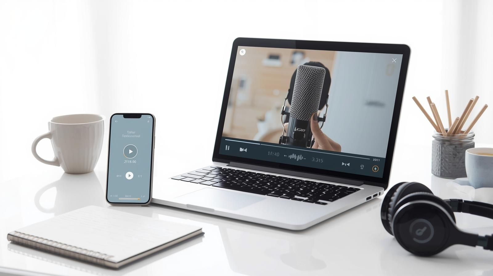 Realistic illustration of a video testimonial recording on a smartphone showing video testimonial length, play button, timer, and workspace setup.
