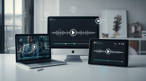Realistic image showing multiple devices displaying repurposed video testimonial length 