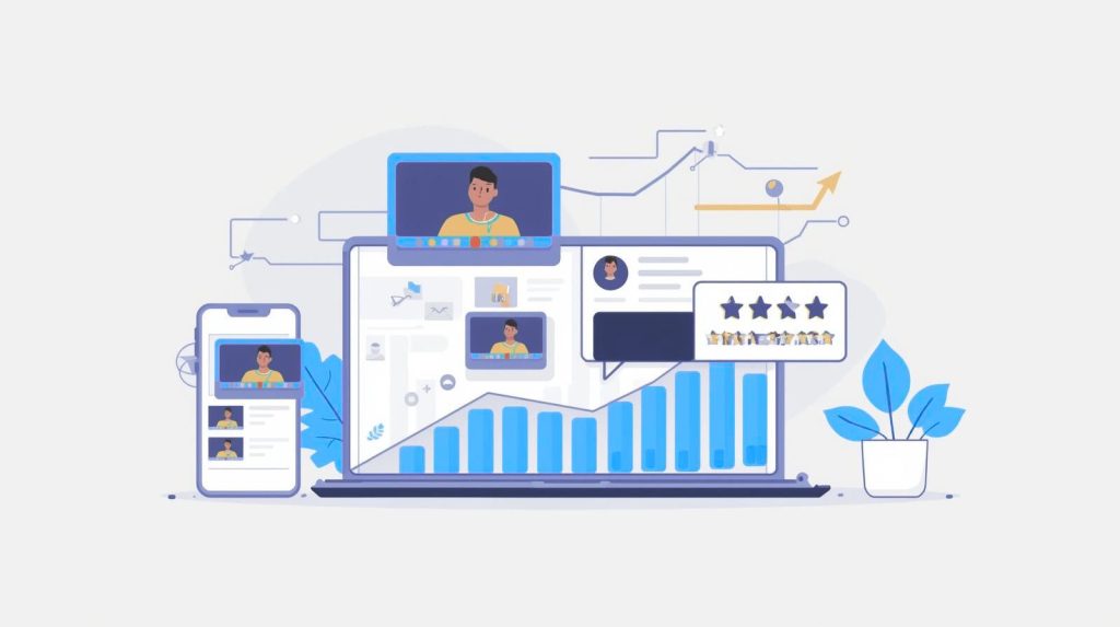 Abstract illustration showing video thumbnails, rising graphs, star ratings, and arrows on laptop and smartphone screens, representing the impact of video reviews on trust and business conversions. No people or faces visible.