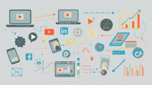 Abstract illustration showing laptops, tablets, and smartphones connected by arrows and dotted lines, with video play icons, social media icons, email envelopes, charts, and rising graphs, representing the strategic distribution and repurposing of video reviews across multiple marketing channels. No people or faces visible.