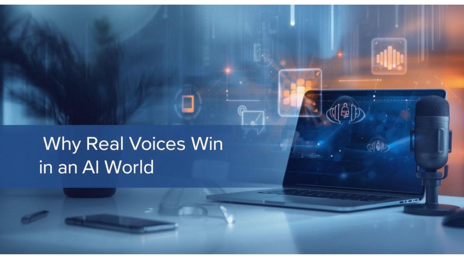 Devices on a modern desk showing glowing video testimonials against blue and orange AI-themed gradients.