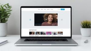 Realistic laptop screen showing a website landing page with a featured video testimonial and video grid layout.